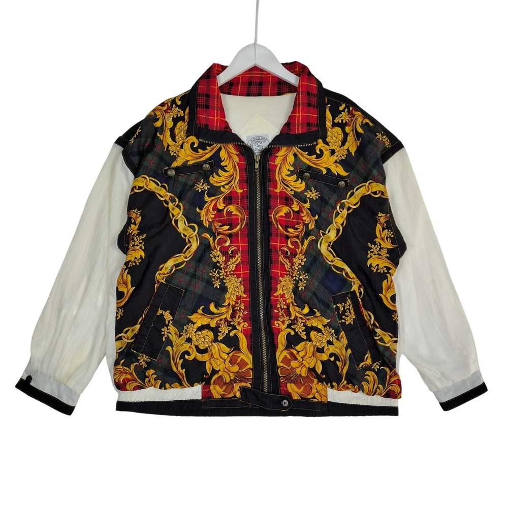 Current Seen Vintage Baroque Plaid Bomber Jacket White Gold Red Large 90s Street